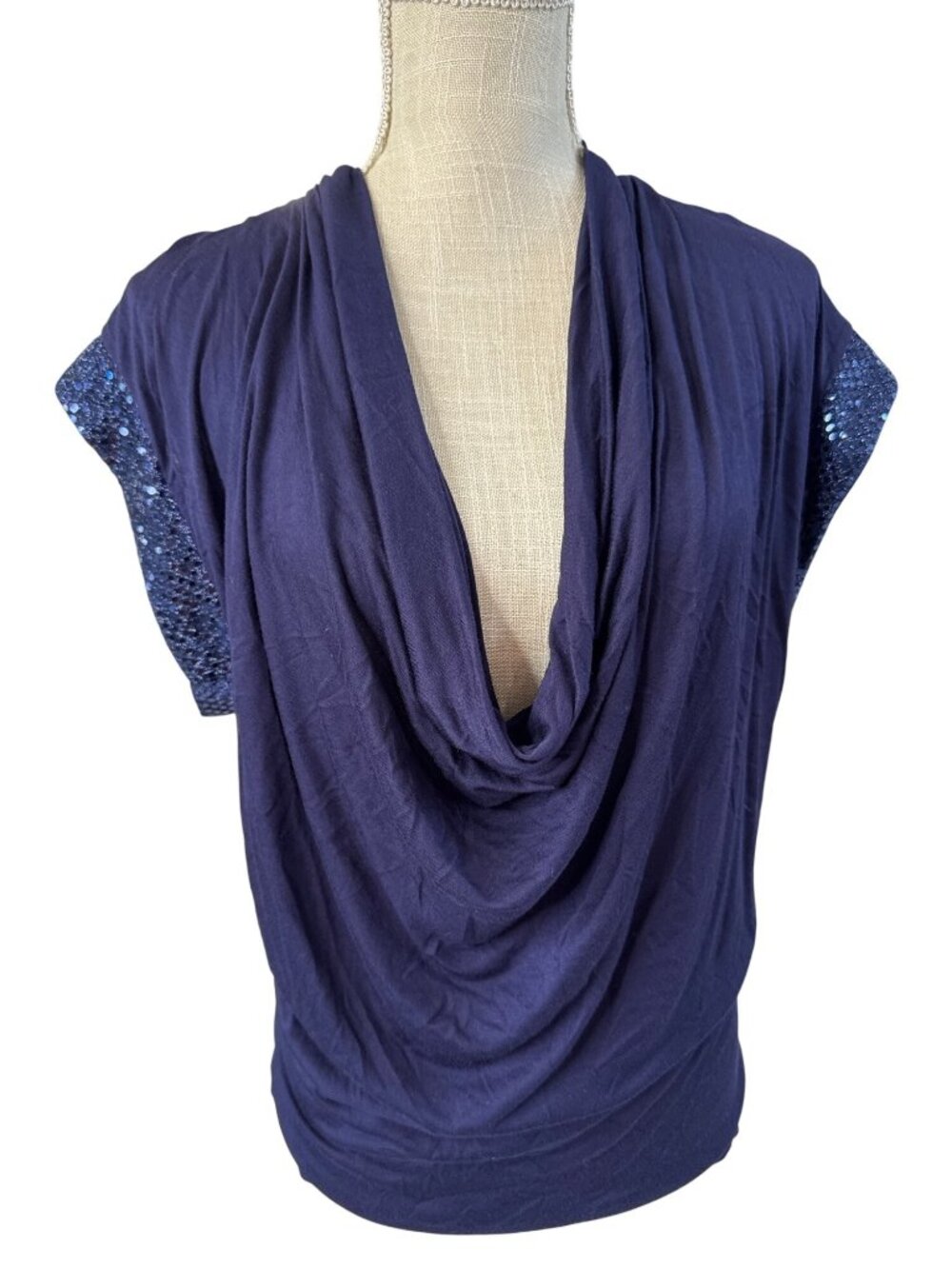 Fifi And The Girls Navy Cowl Neck Top With Sequin Cap Sleeves Womens Size L